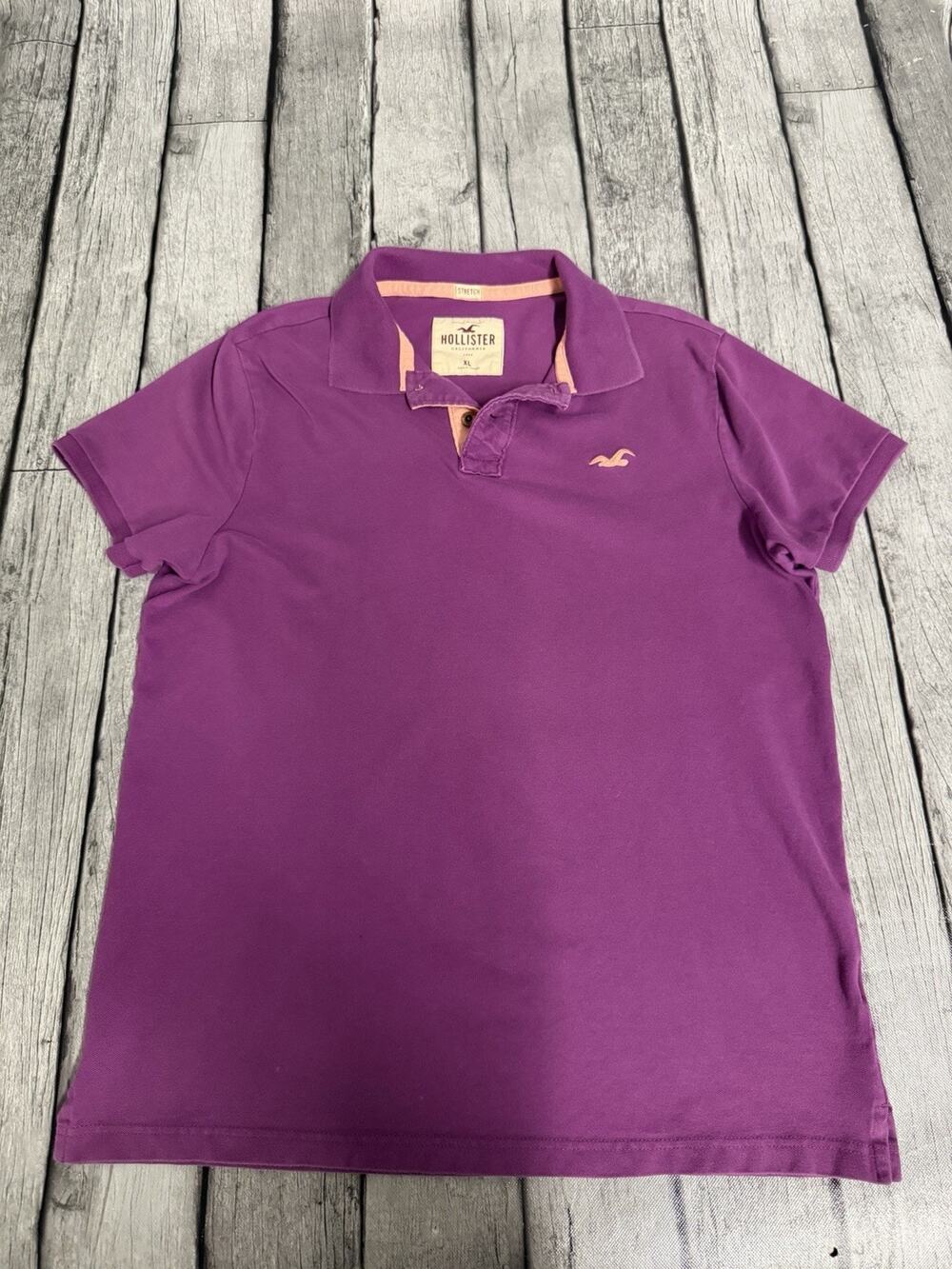 Men’s Hollister Preppy Contrast Polo Shirt Y2K Stretch Purple Short Sleeve XL
